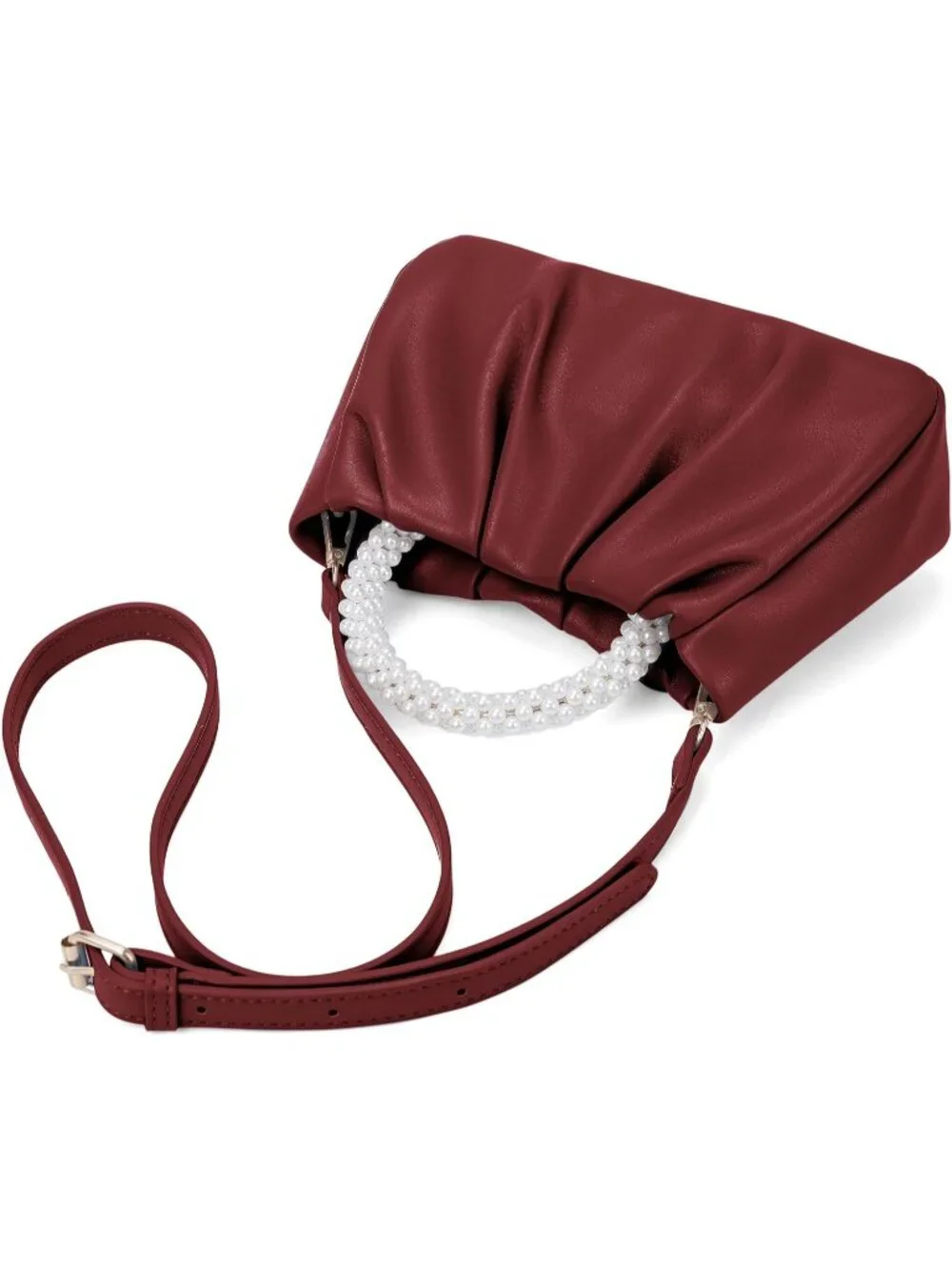 👜Women's Wine Red Leather Wedding Party Pearl Clutch Purse Magnetic Snap
